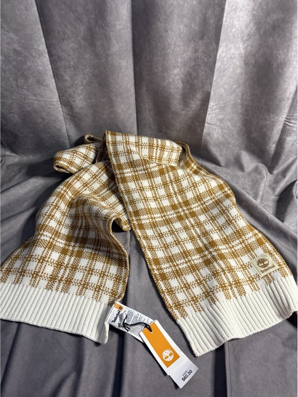 New Timberland Scarf Wheat Plaid One Size Winter Fall Logo T101808 NWT